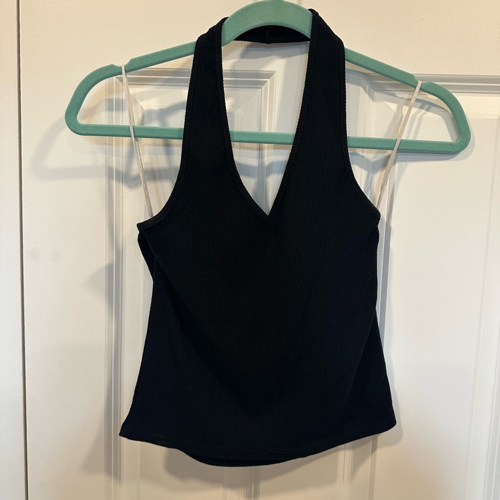 Black, cropped v-neck halter top from American Eagle
